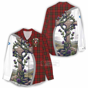 Brodie Tartan Women's Casual Shirt with Family Crest and St. Andrew's Cross Accented by Thistle Vines - Tartan Vibes Clothing
