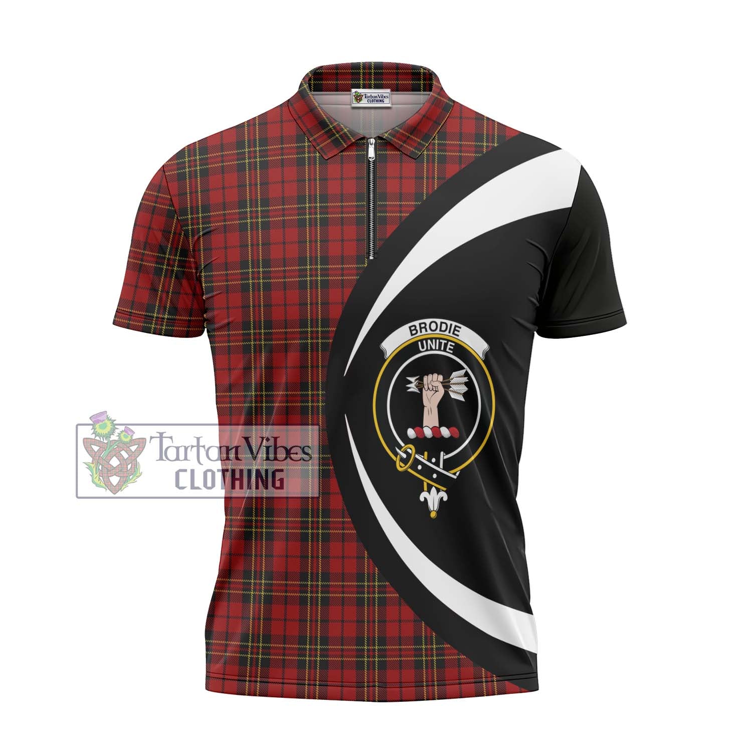 Brodie Tartan Zipper Polo Shirt with Family Crest Circle Style - Tartan Vibes Clothing