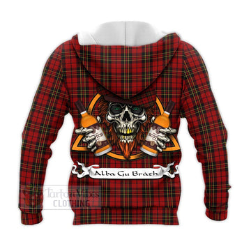 Brodie Tartan Knitted Hoodie with Family Crest and Bearded Skull Holding Bottles of Whiskey - Tartan Vibes Clothing