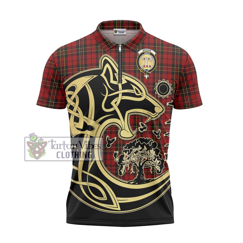 Brodie Tartan Zipper Polo Shirt with Family Crest Celtic Wolf Style - Tartan Vibes Clothing