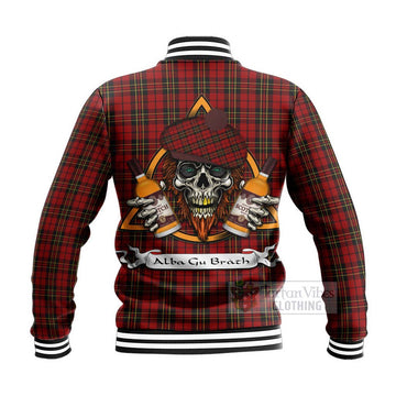 Brodie Tartan Baseball Jacket with Family Crest and Bearded Skull Holding Bottles of Whiskey - Tartan Vibes Clothing