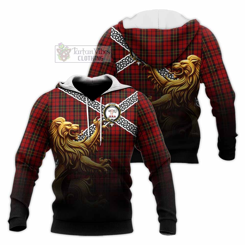 Brodie Crest Tartan Knitted Hoodie with Golden Lion Emblem Celtic Style - Tartan Vibes Clothing