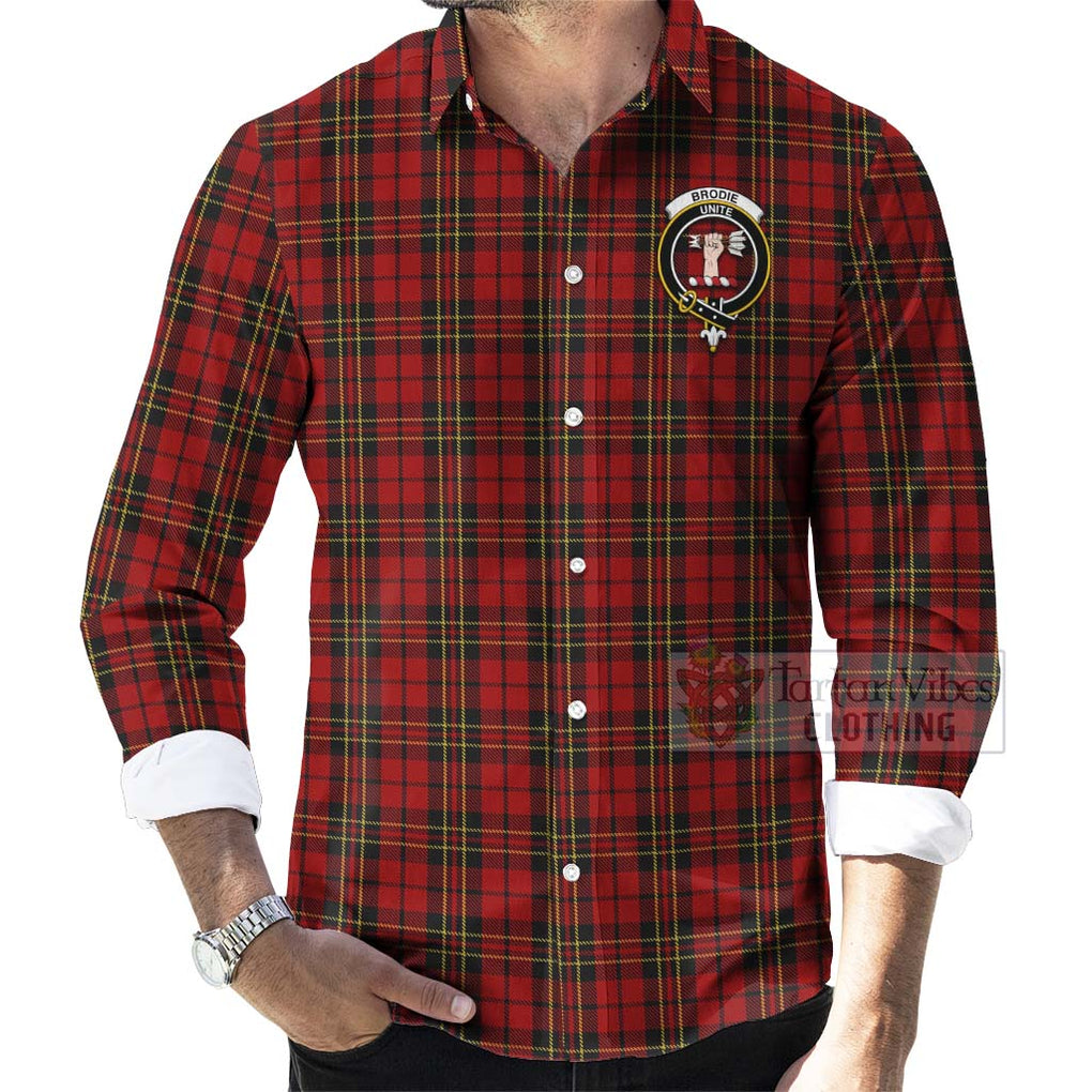 Brodie Tartan Long Sleeve Button Shirt with Family Crest Celtic Skull Style - Tartan Vibes Clothing