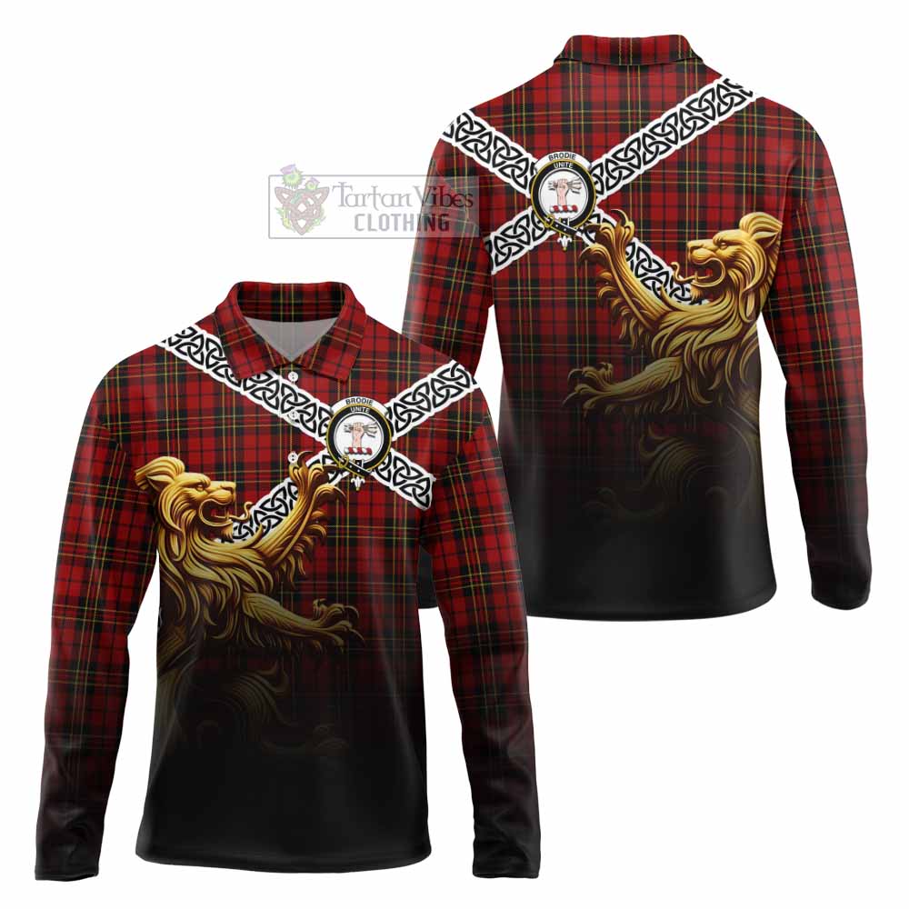 Brodie Crest Tartan Long Sleeve Polo Shirt with Golden Lion Emblem Celtic Style - Tartan Vibes Clothing