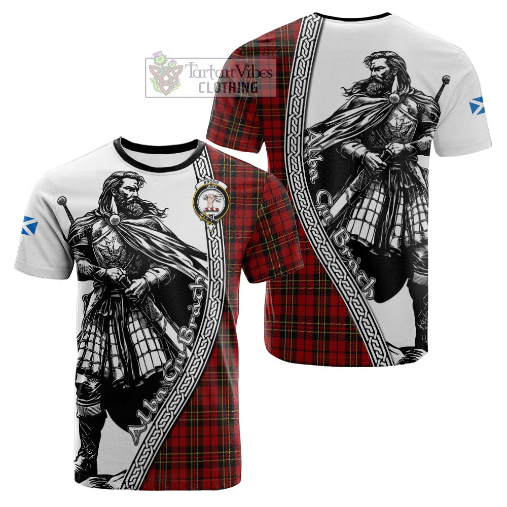 Brodie Tartan Clan Crest Cotton T-shirt with Highlander Warrior Celtic Style - Tartan Vibes Clothing