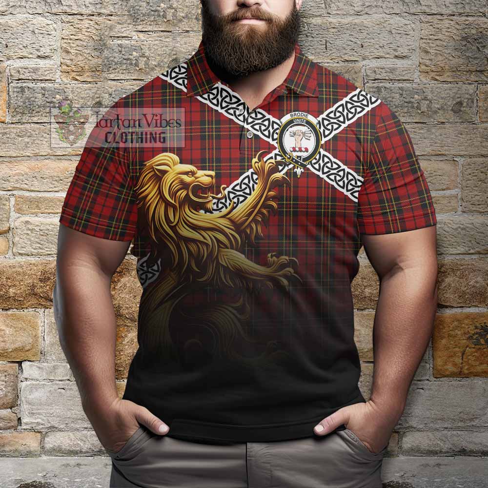 Brodie Crest Tartan Polo Shirt with Golden Lion Emblem Celtic Style - Tartan Vibes Clothing