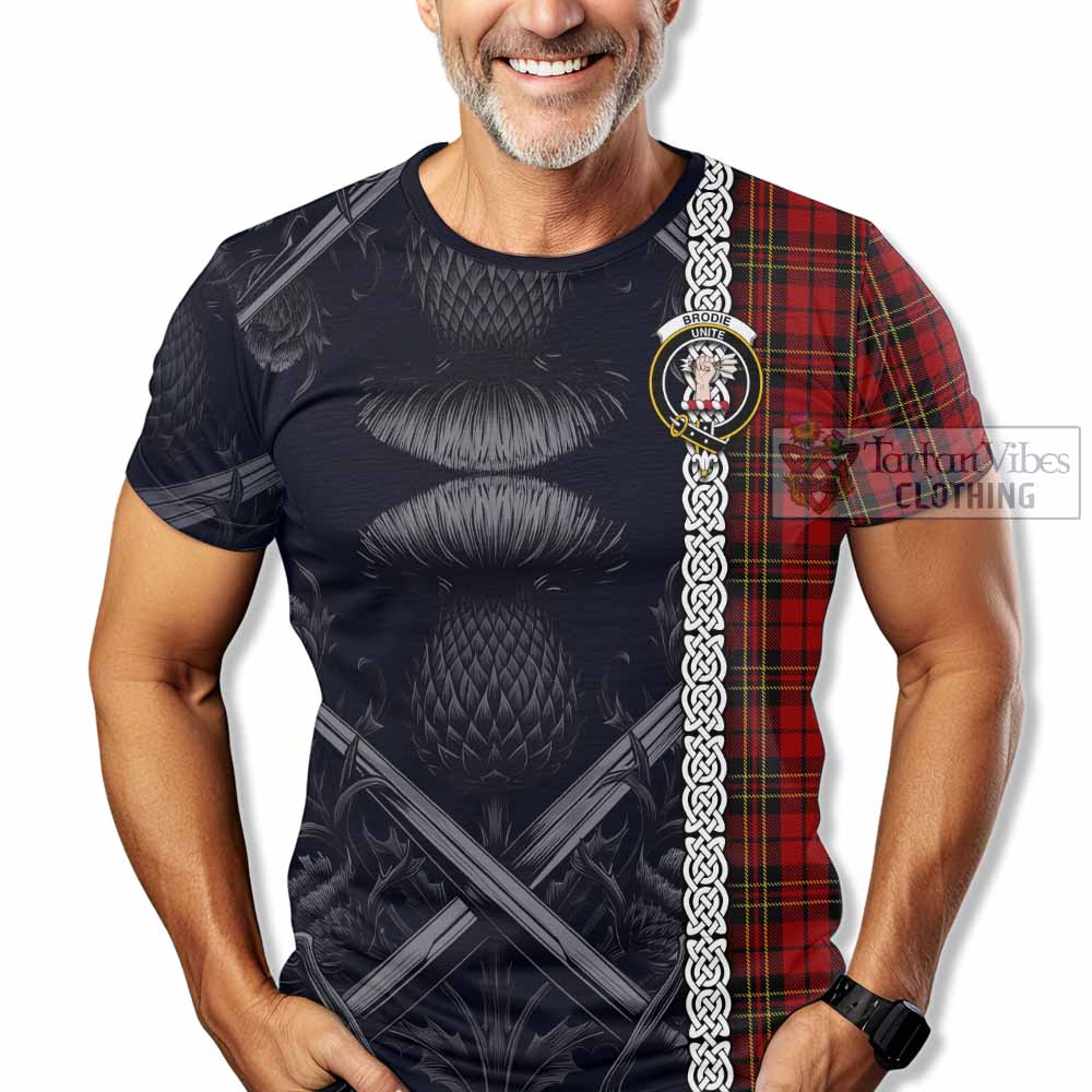 Brodie Tartan T-Shirt with Family Crest Cross Sword Thistle Celtic Vibes - Tartan Vibes Clothing