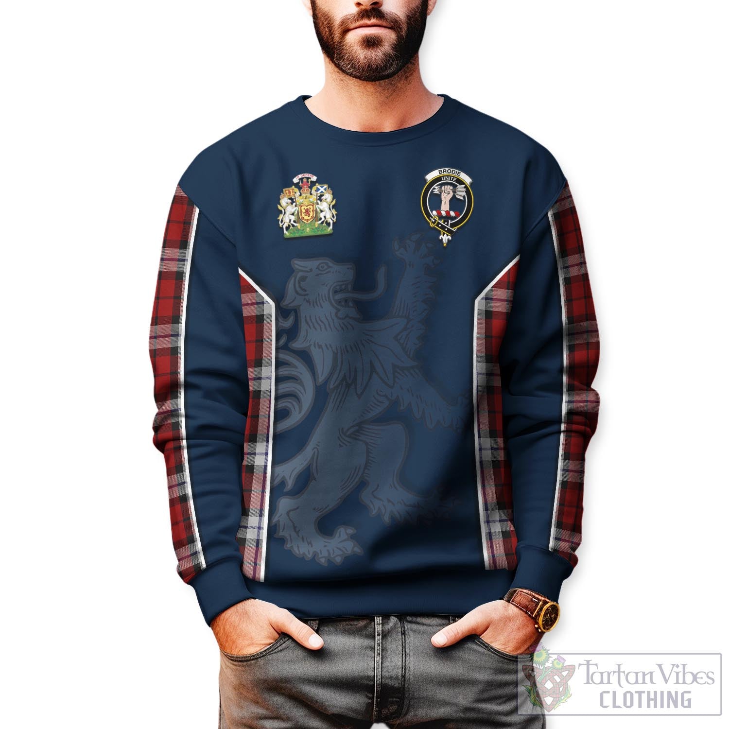 Tartan Vibes Clothing Brodie Dress Tartan Sweater with Family Crest and Lion Rampant Vibes Sport Style