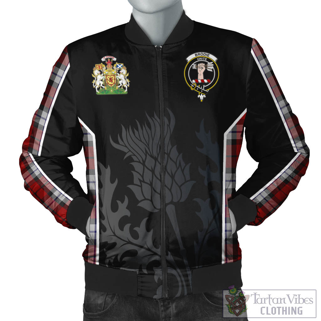 Tartan Vibes Clothing Brodie Dress Tartan Bomber Jacket with Family Crest and Scottish Thistle Vibes Sport Style