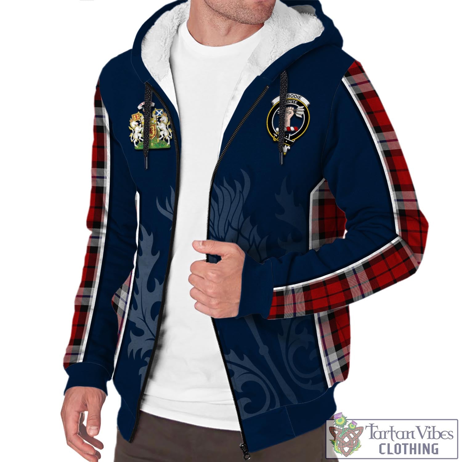Tartan Vibes Clothing Brodie Dress Tartan Sherpa Hoodie with Family Crest and Scottish Thistle Vibes Sport Style