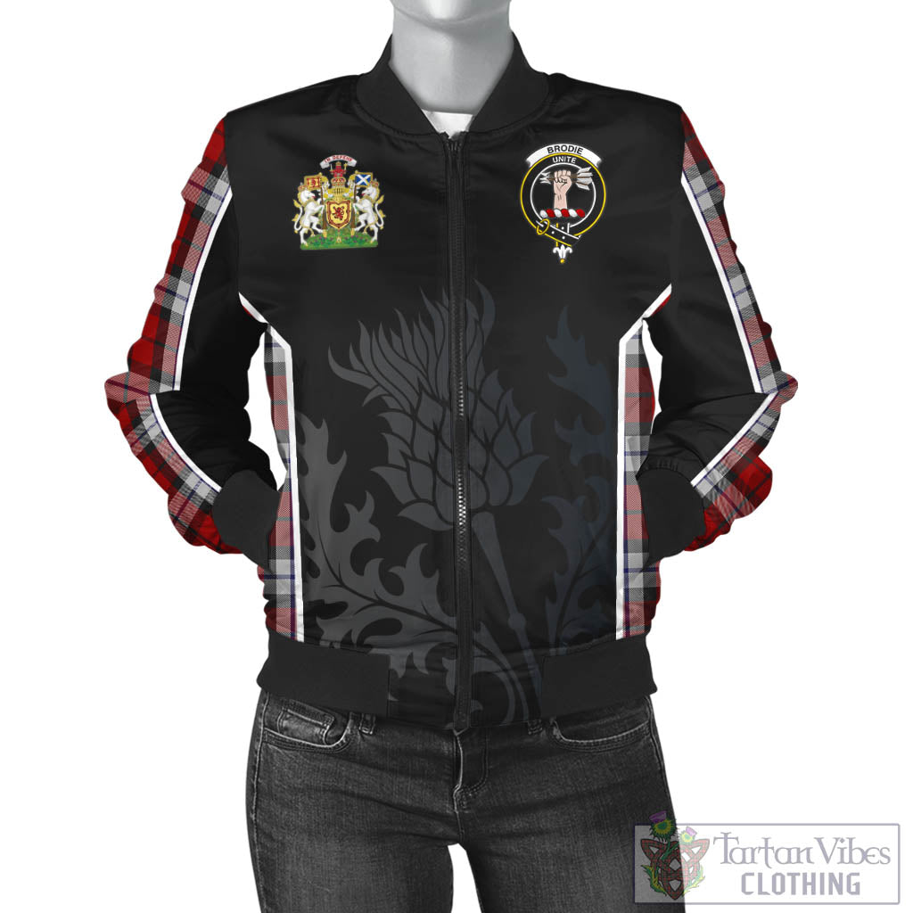 Tartan Vibes Clothing Brodie Dress Tartan Bomber Jacket with Family Crest and Scottish Thistle Vibes Sport Style