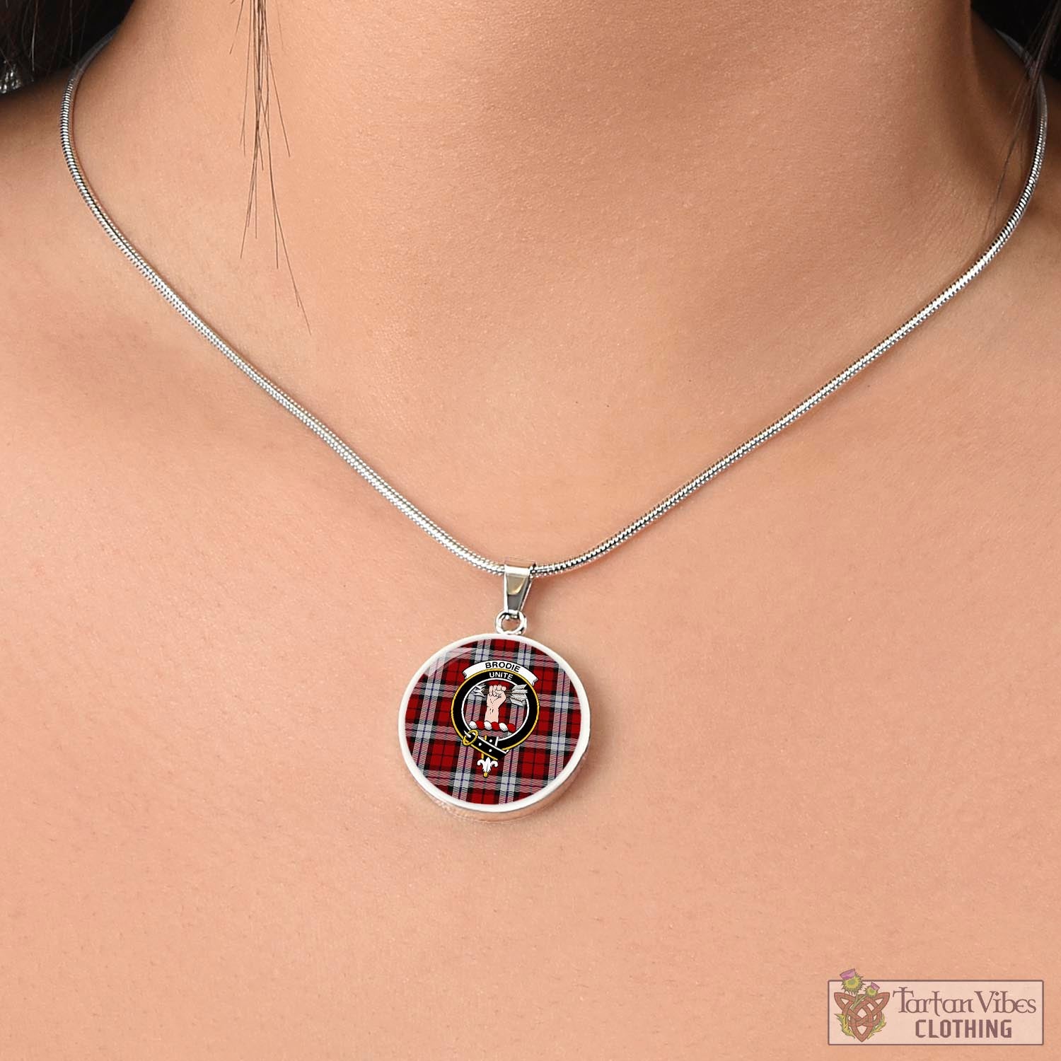 Tartan Vibes Clothing Brodie Dress Tartan Circle Necklace with Family Crest
