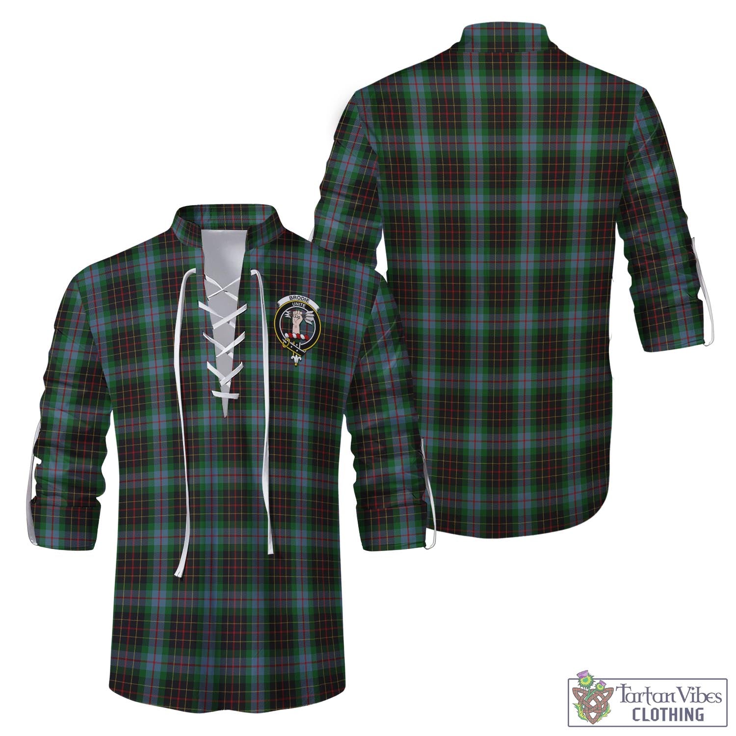 Tartan Vibes Clothing Brodie Hunting Tartan Men's Scottish Traditional Jacobite Ghillie Kilt Shirt with Family Crest