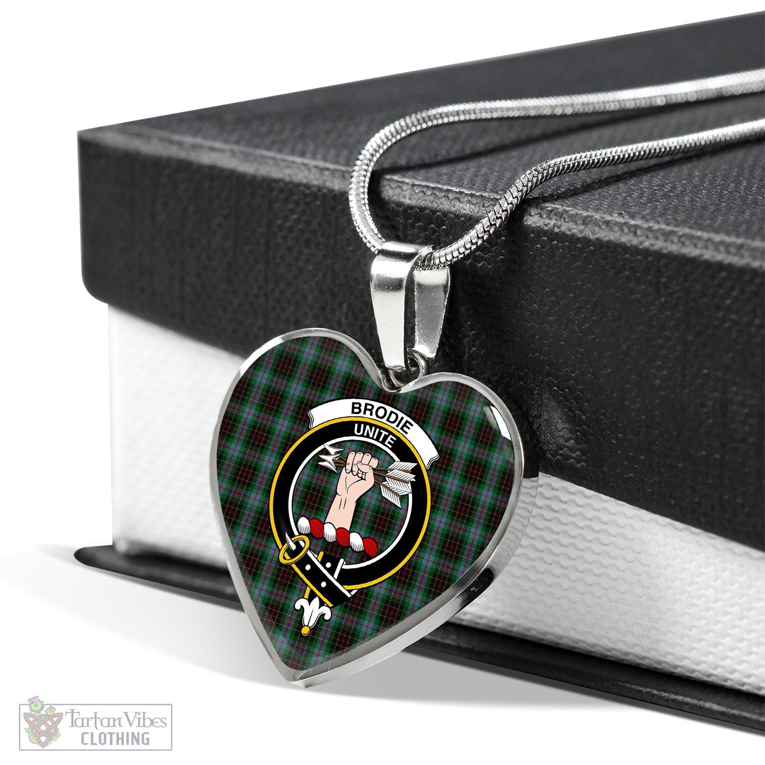 Tartan Vibes Clothing Brodie Hunting Tartan Heart Necklace with Family Crest