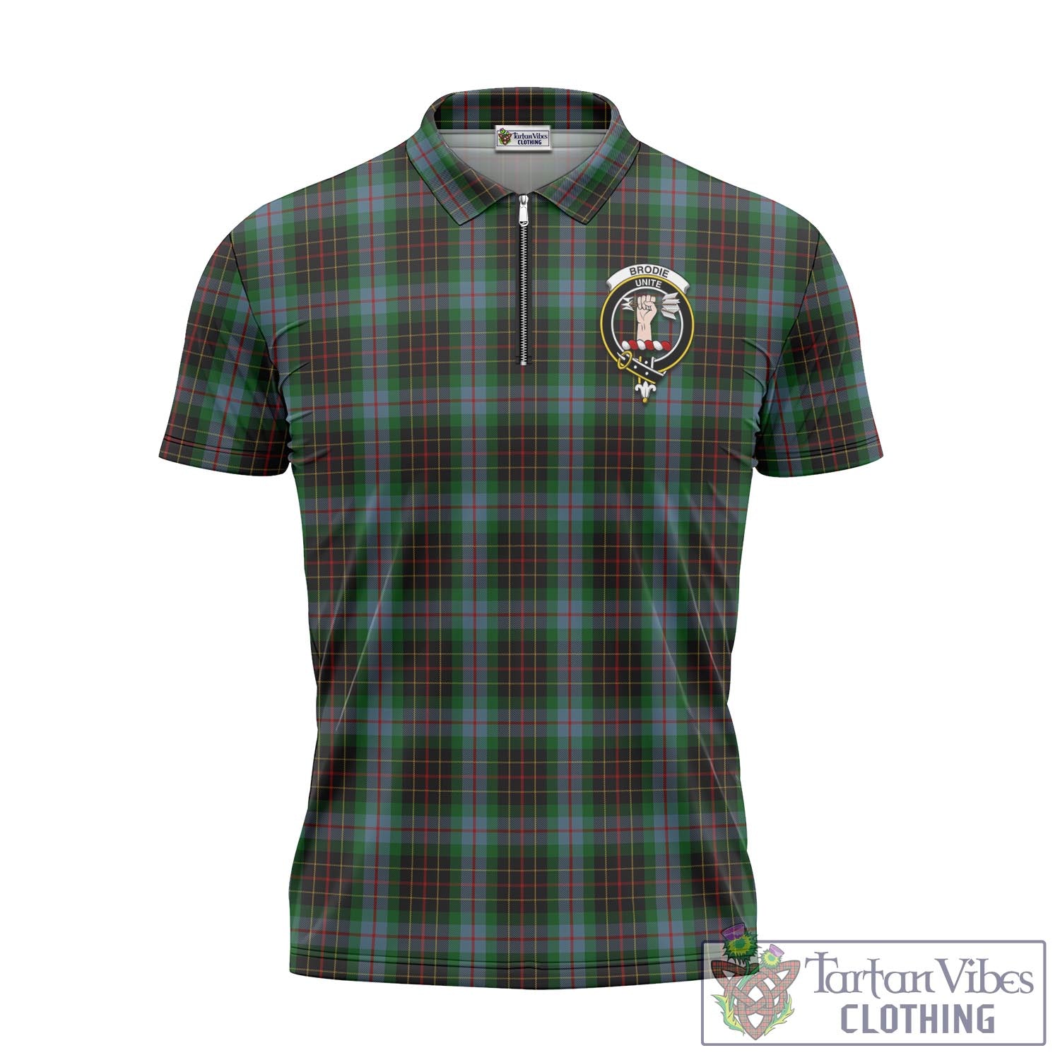 Tartan Vibes Clothing Brodie Hunting Tartan Zipper Polo Shirt with Family Crest