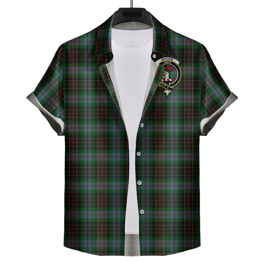 Brodie Hunting Tartan Short Sleeve Button Down Shirt with Family Crest - Tartanvibesclothing