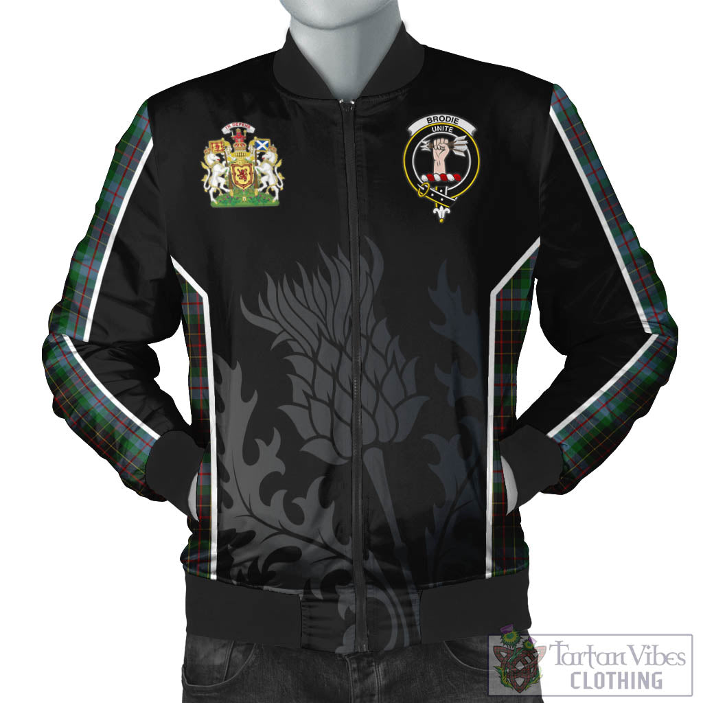 Tartan Vibes Clothing Brodie Hunting Tartan Bomber Jacket with Family Crest and Scottish Thistle Vibes Sport Style