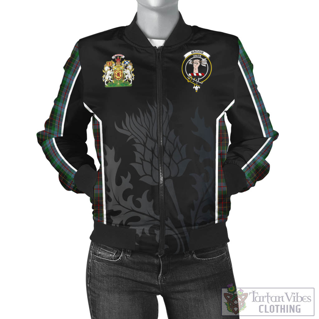 Tartan Vibes Clothing Brodie Hunting Tartan Bomber Jacket with Family Crest and Scottish Thistle Vibes Sport Style