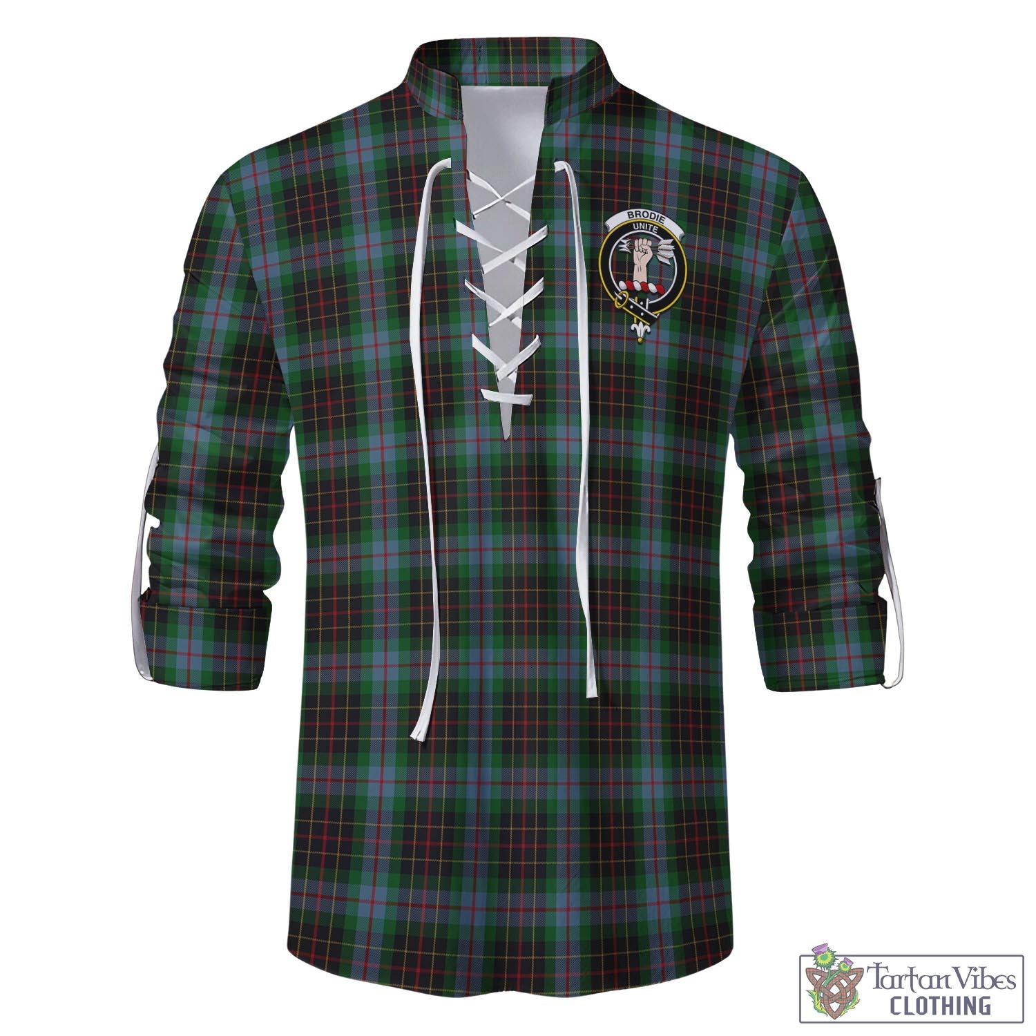 Tartan Vibes Clothing Brodie Hunting Tartan Men's Scottish Traditional Jacobite Ghillie Kilt Shirt with Family Crest