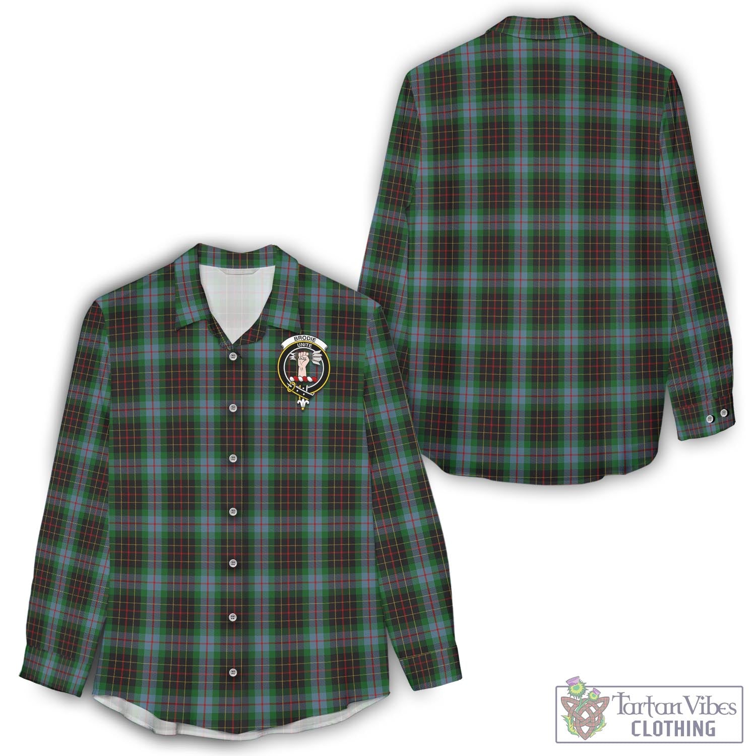 Tartan Vibes Clothing Brodie Hunting Tartan Womens Casual Shirt with Family Crest