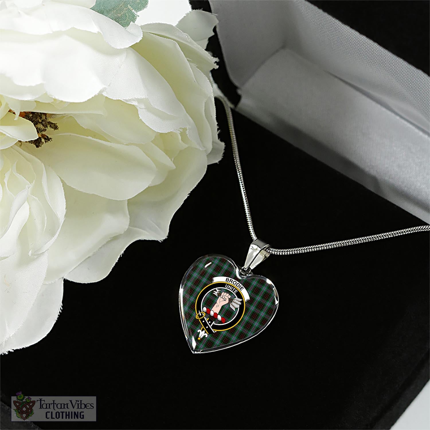 Tartan Vibes Clothing Brodie Hunting Tartan Heart Necklace with Family Crest