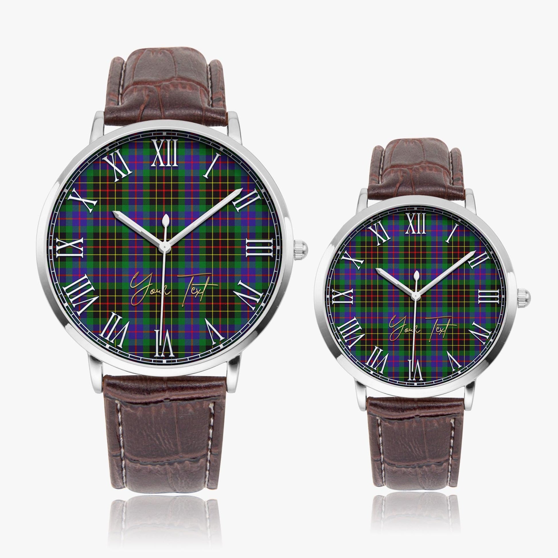 Brodie Hunting Modern Tartan Personalized Your Text Leather Trap Quartz Watch Ultra Thin Silver Case With Brown Leather Strap - Tartanvibesclothing