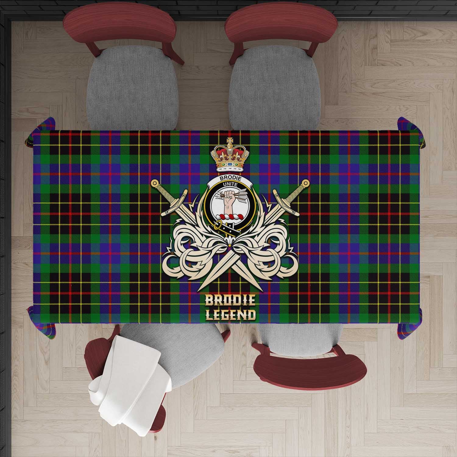 Tartan Vibes Clothing Brodie Hunting Modern Tartan Tablecloth with Clan Crest and the Golden Sword of Courageous Legacy