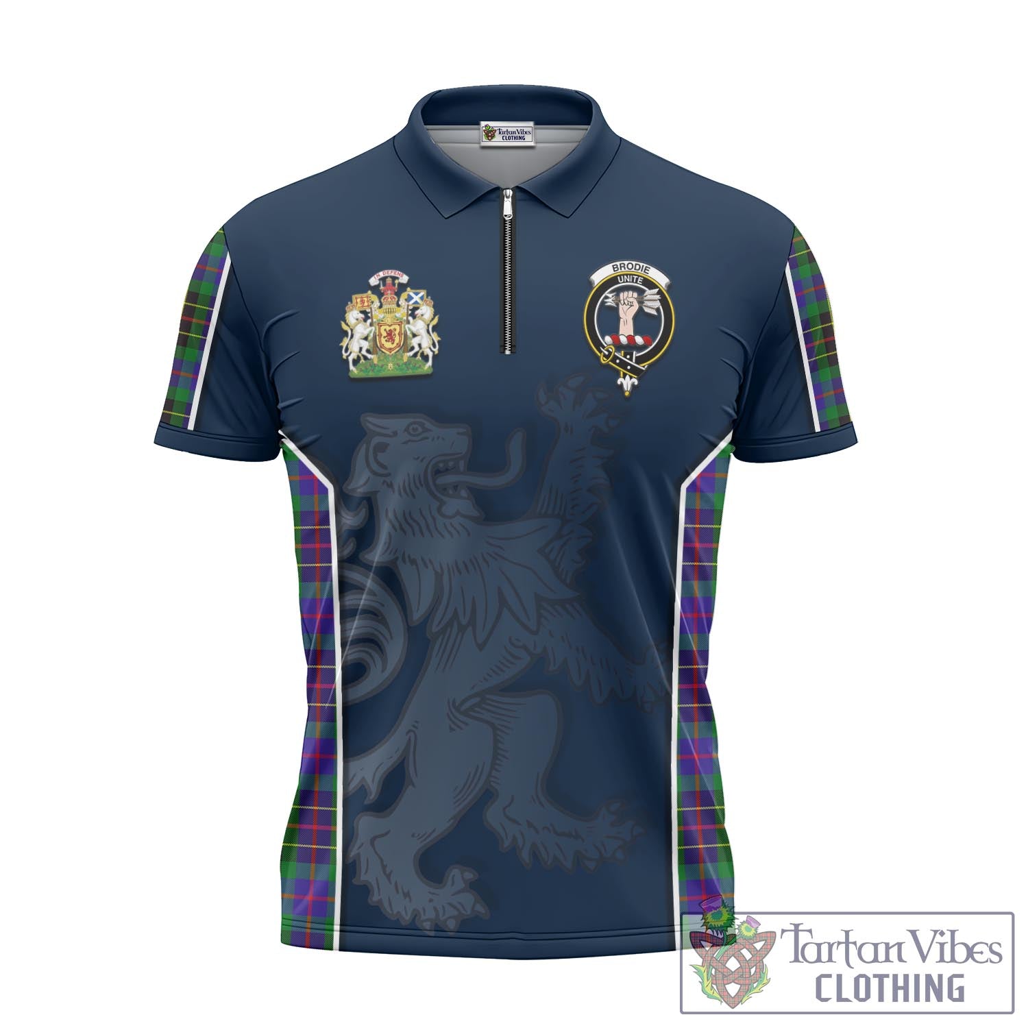 Tartan Vibes Clothing Brodie Hunting Modern Tartan Zipper Polo Shirt with Family Crest and Lion Rampant Vibes Sport Style