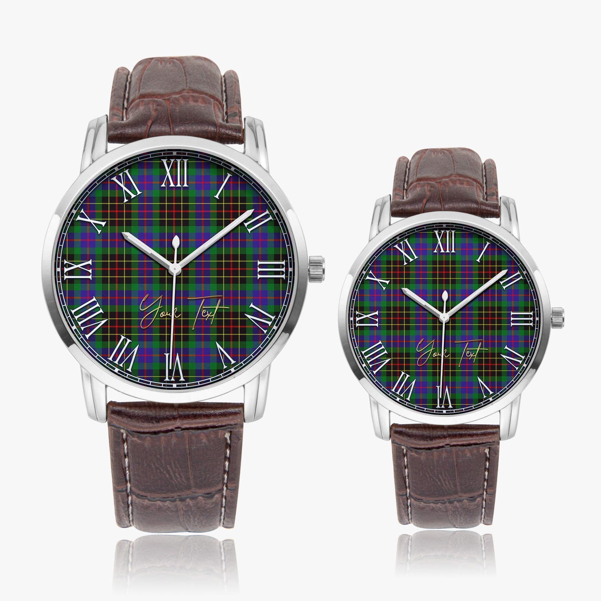 Brodie Hunting Modern Tartan Personalized Your Text Leather Trap Quartz Watch Wide Type Silver Case With Brown Leather Strap - Tartanvibesclothing