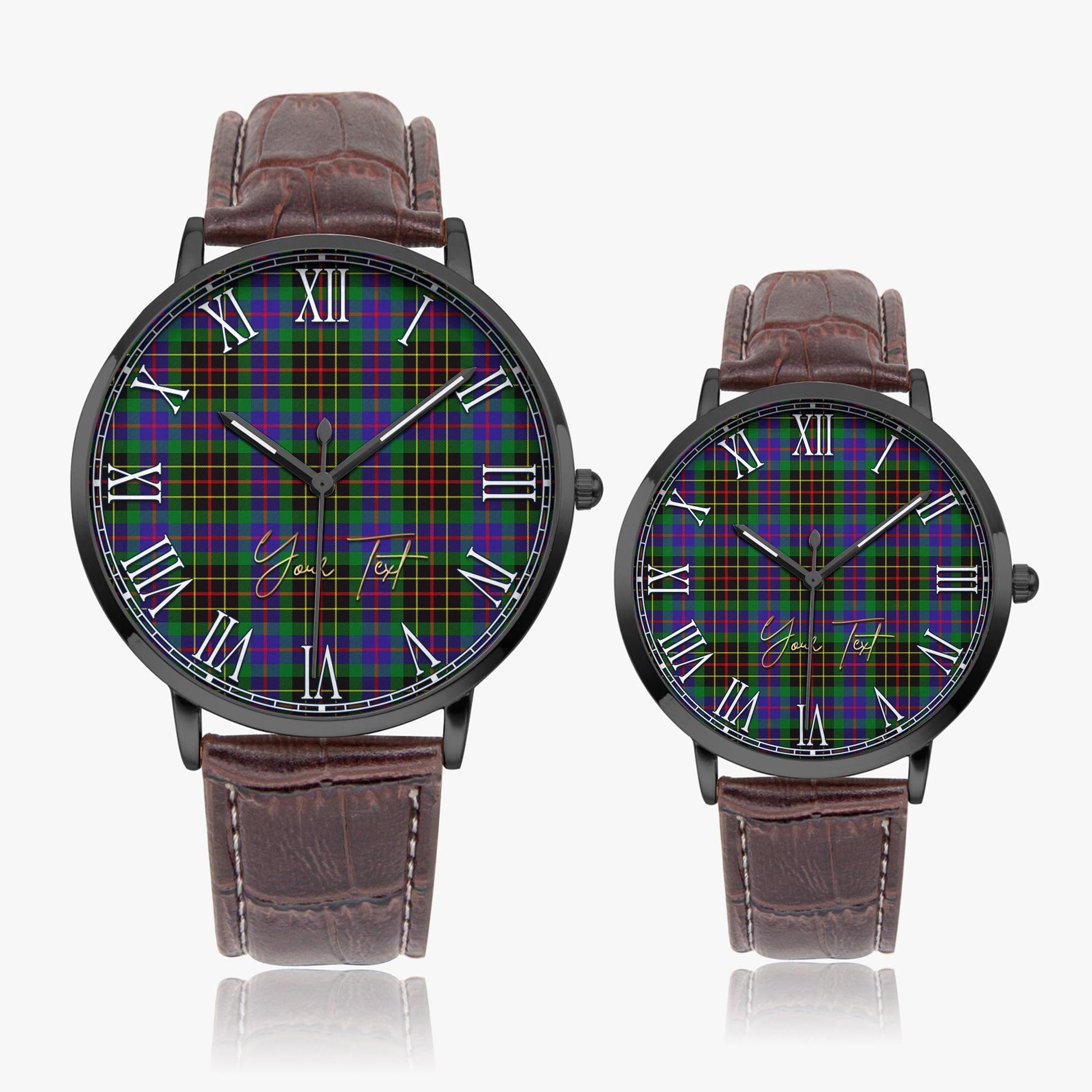 Brodie Hunting Modern Tartan Personalized Your Text Leather Trap Quartz Watch Ultra Thin Black Case With Brown Leather Strap - Tartanvibesclothing