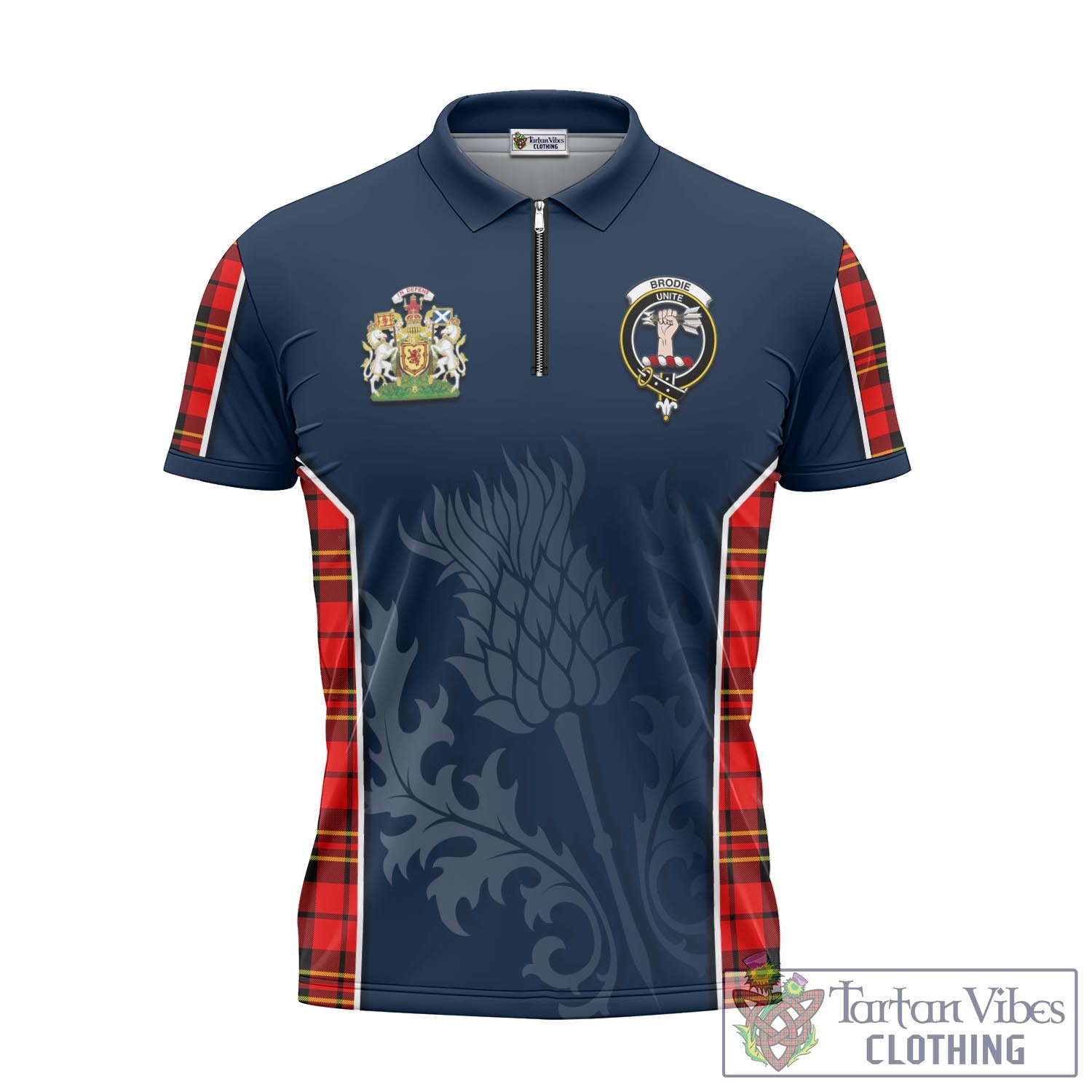 Tartan Vibes Clothing Brodie Modern Tartan Zipper Polo Shirt with Family Crest and Scottish Thistle Vibes Sport Style