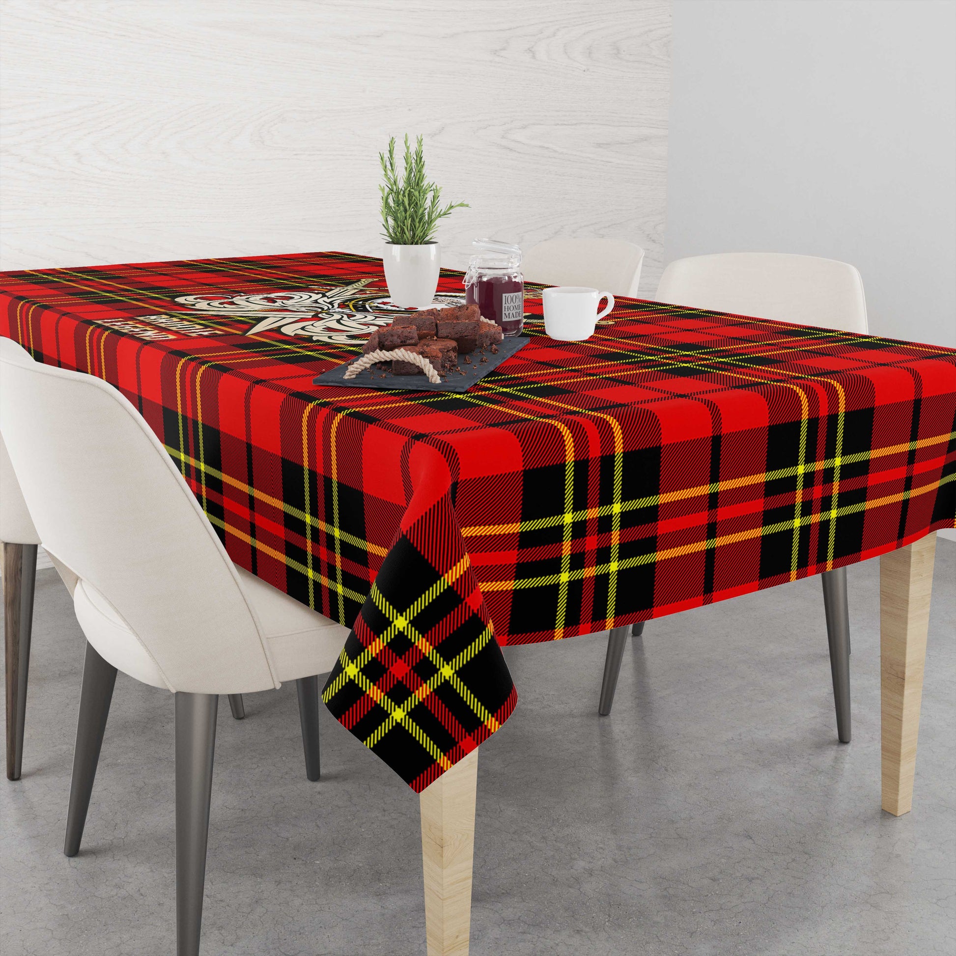 Tartan Vibes Clothing Brodie Modern Tartan Tablecloth with Clan Crest and the Golden Sword of Courageous Legacy