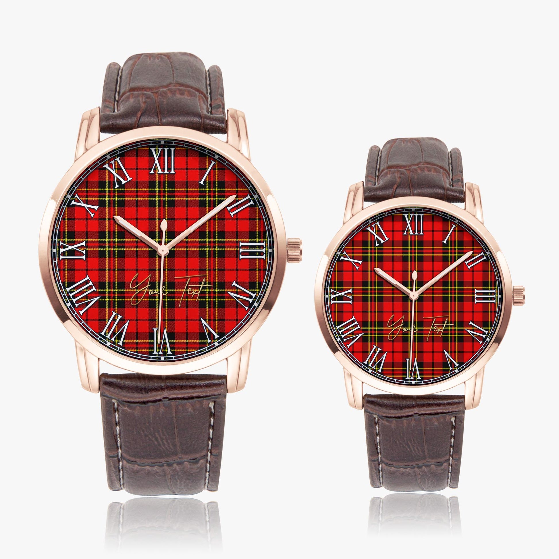 Brodie Modern Tartan Personalized Your Text Leather Trap Quartz Watch Wide Type Rose Gold Case With Brown Leather Strap - Tartanvibesclothing