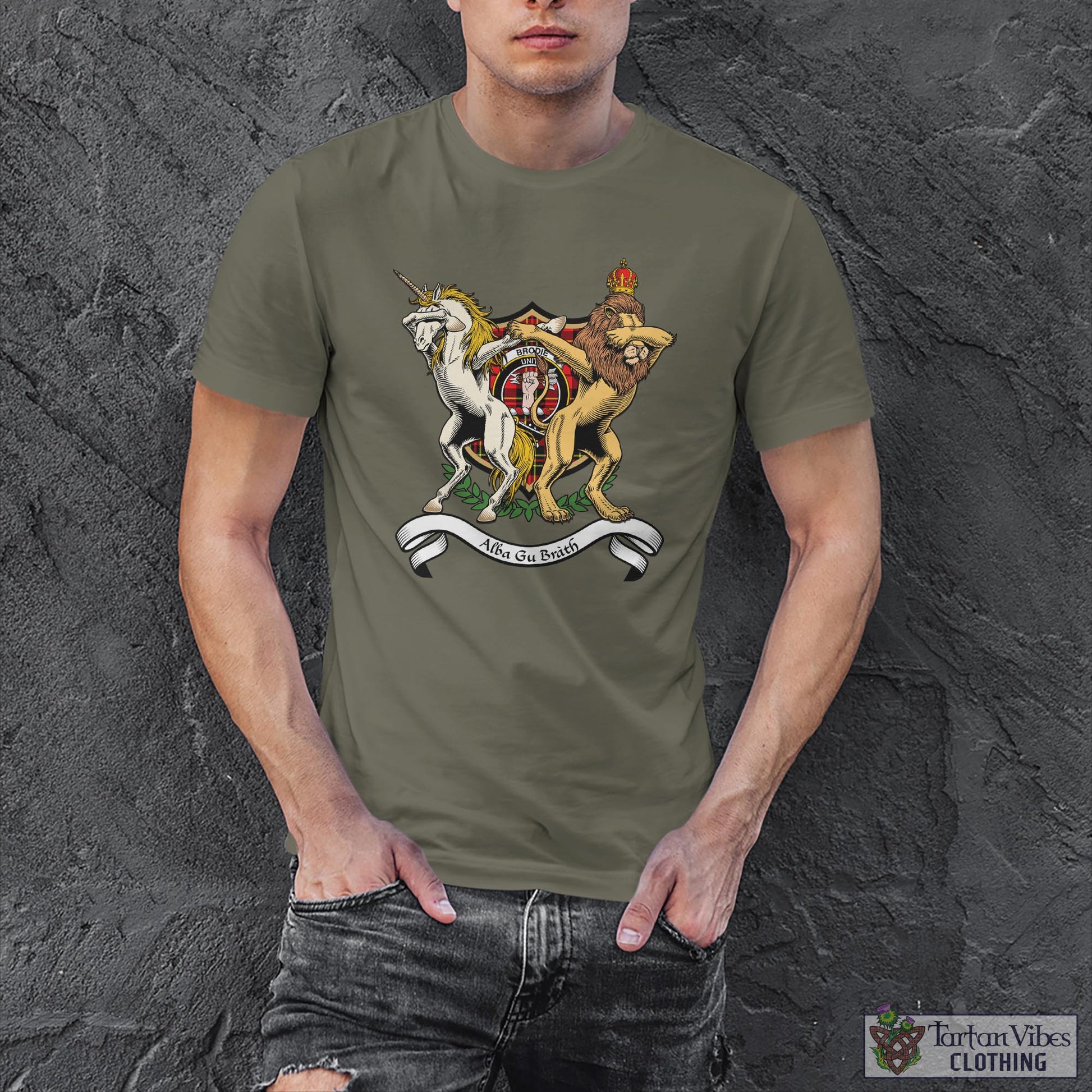 Tartan Vibes Clothing Brodie Modern Family Crest Cotton Men's T-Shirt with Scotland Royal Coat Of Arm Funny Style