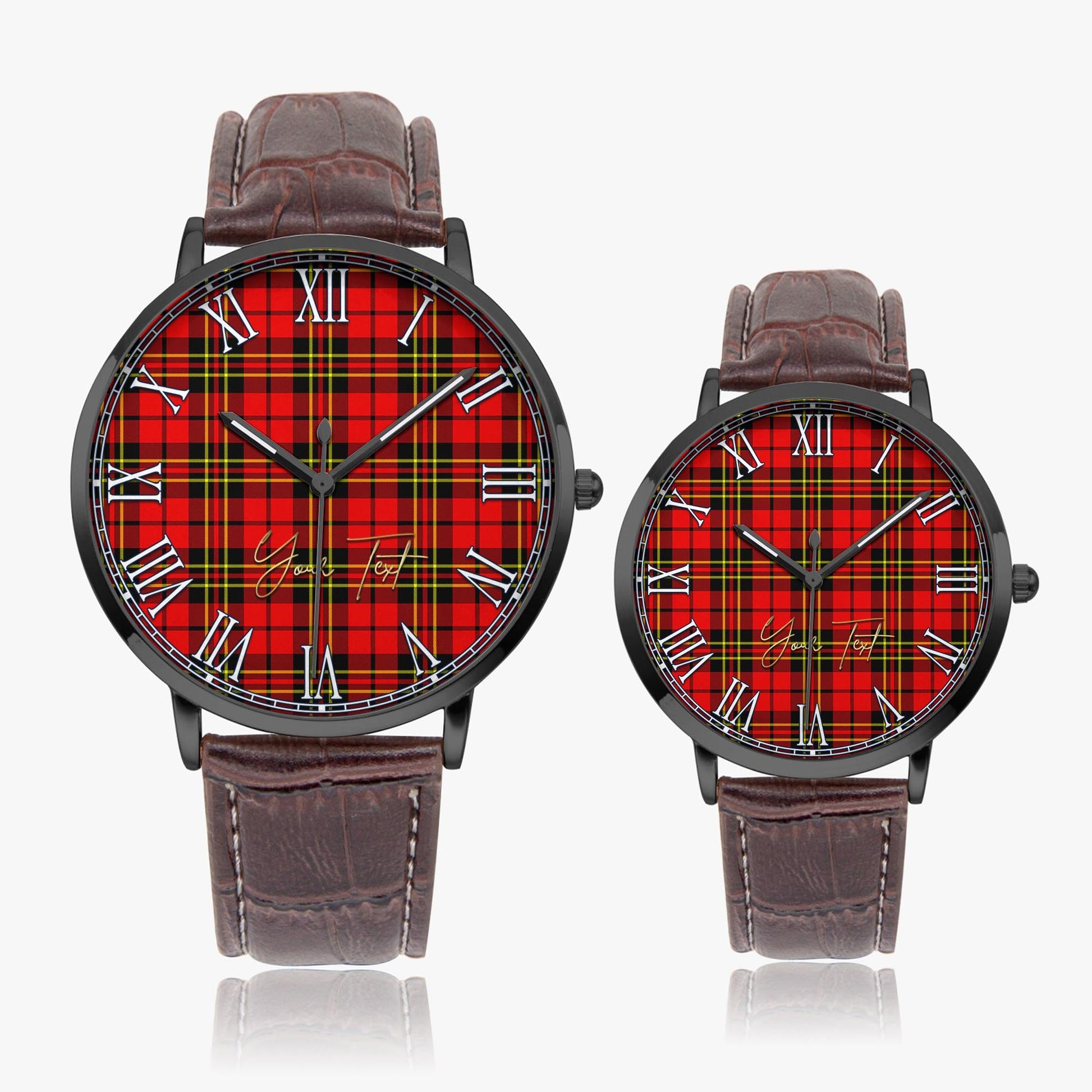 Brodie Modern Tartan Personalized Your Text Leather Trap Quartz Watch Ultra Thin Black Case With Brown Leather Strap - Tartanvibesclothing