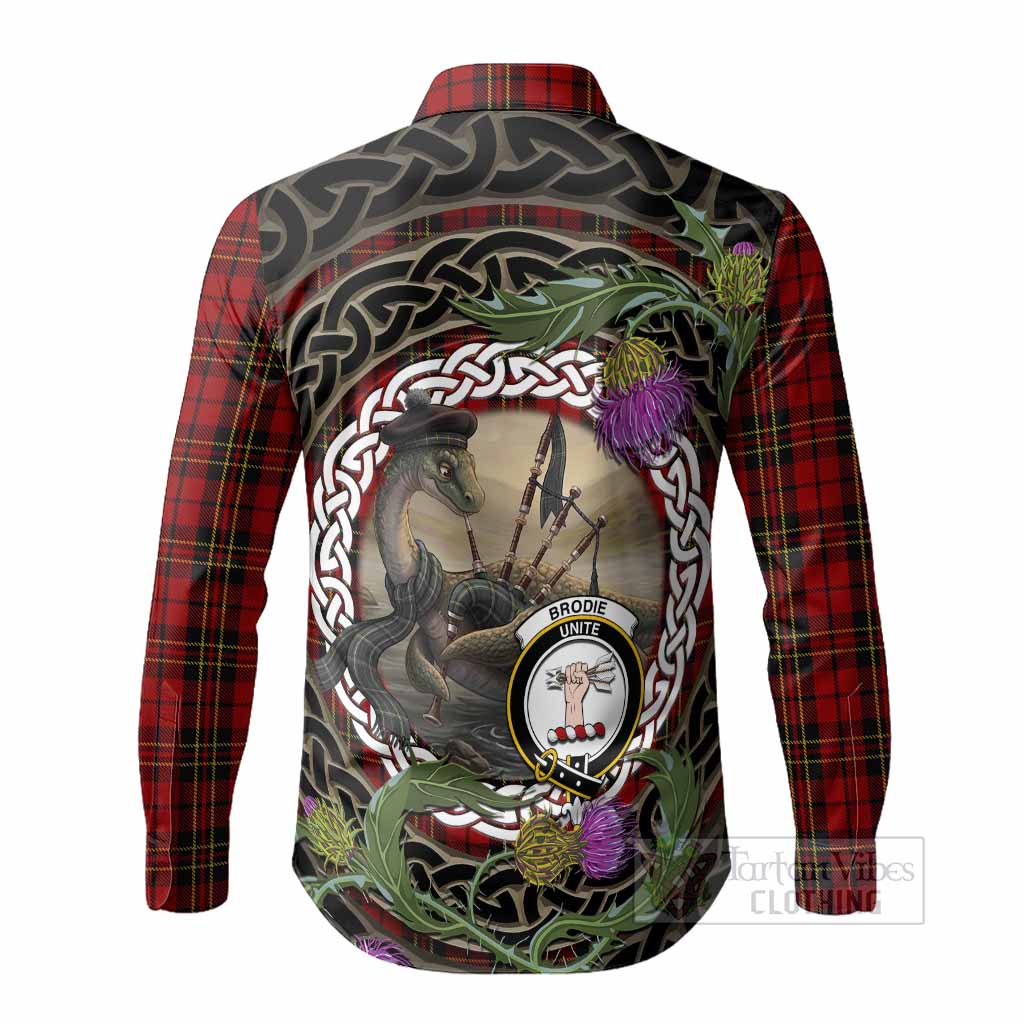 Brodie Tartan Crest Bagpipe Nessie Long Sleeve Button Shirts Scottish Loch Ness Monster Celtic Thistle