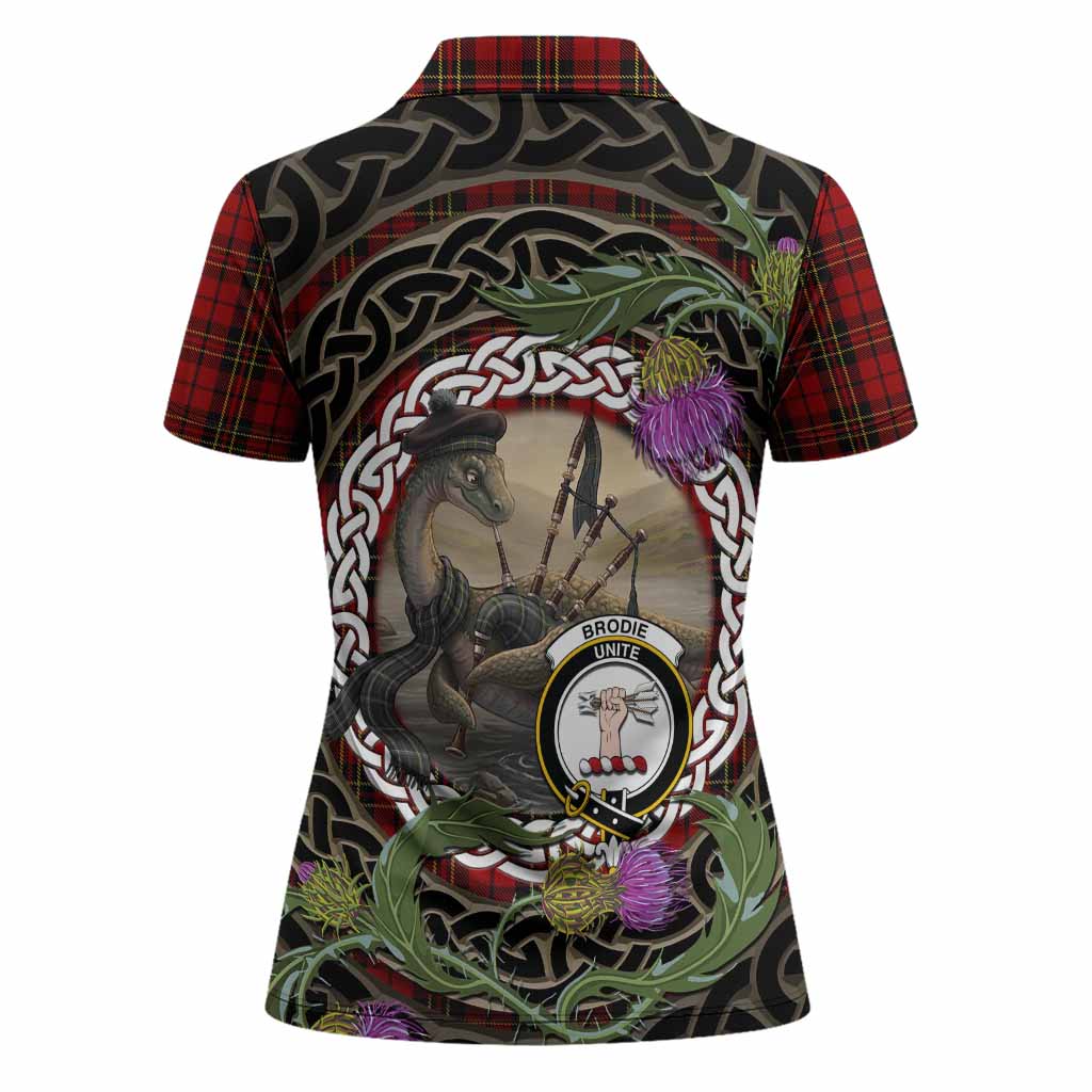 Brodie Tartan Crest Bagpipe Nessie Women Polo Shirt Scottish Loch Ness Monster Celtic Thistle