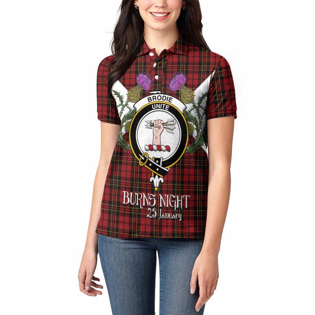 Brodie Tartan Family Crest Women Polo Shirt Scottish Burns Night Thistle Floral