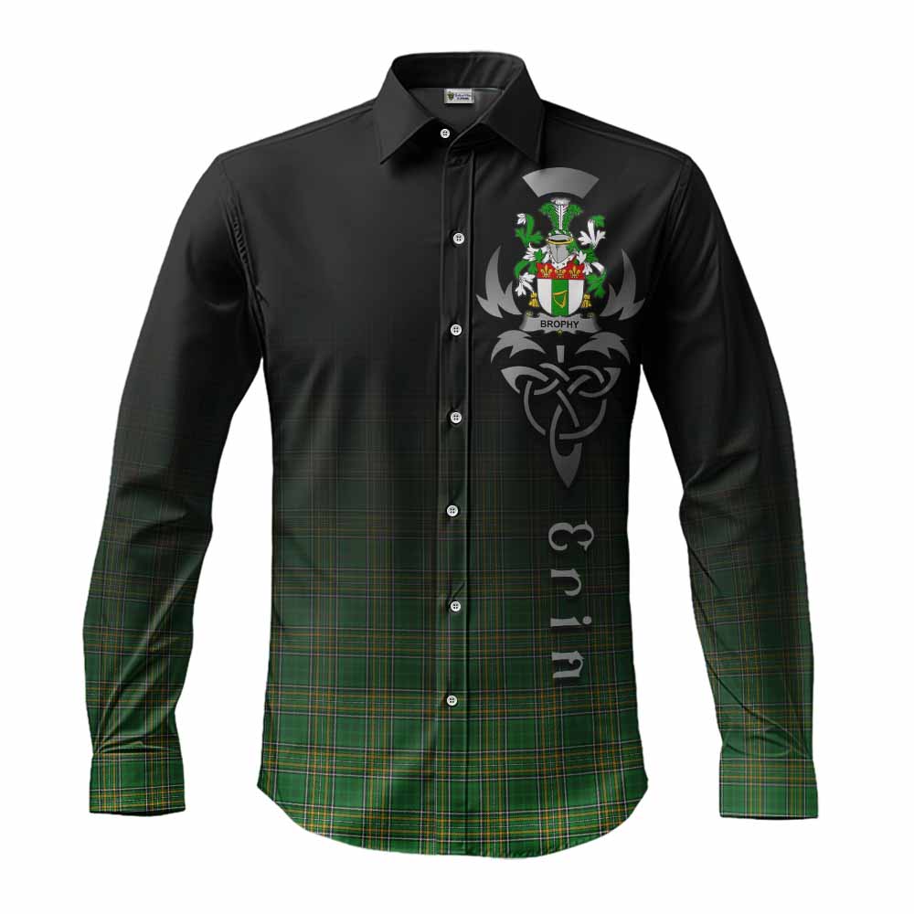 Tartan Vibes Clothing Brophy Irish Clan Long Sleeve Button Shirt with Coat of Arms Erin Go Bragh Celtic Inspired
