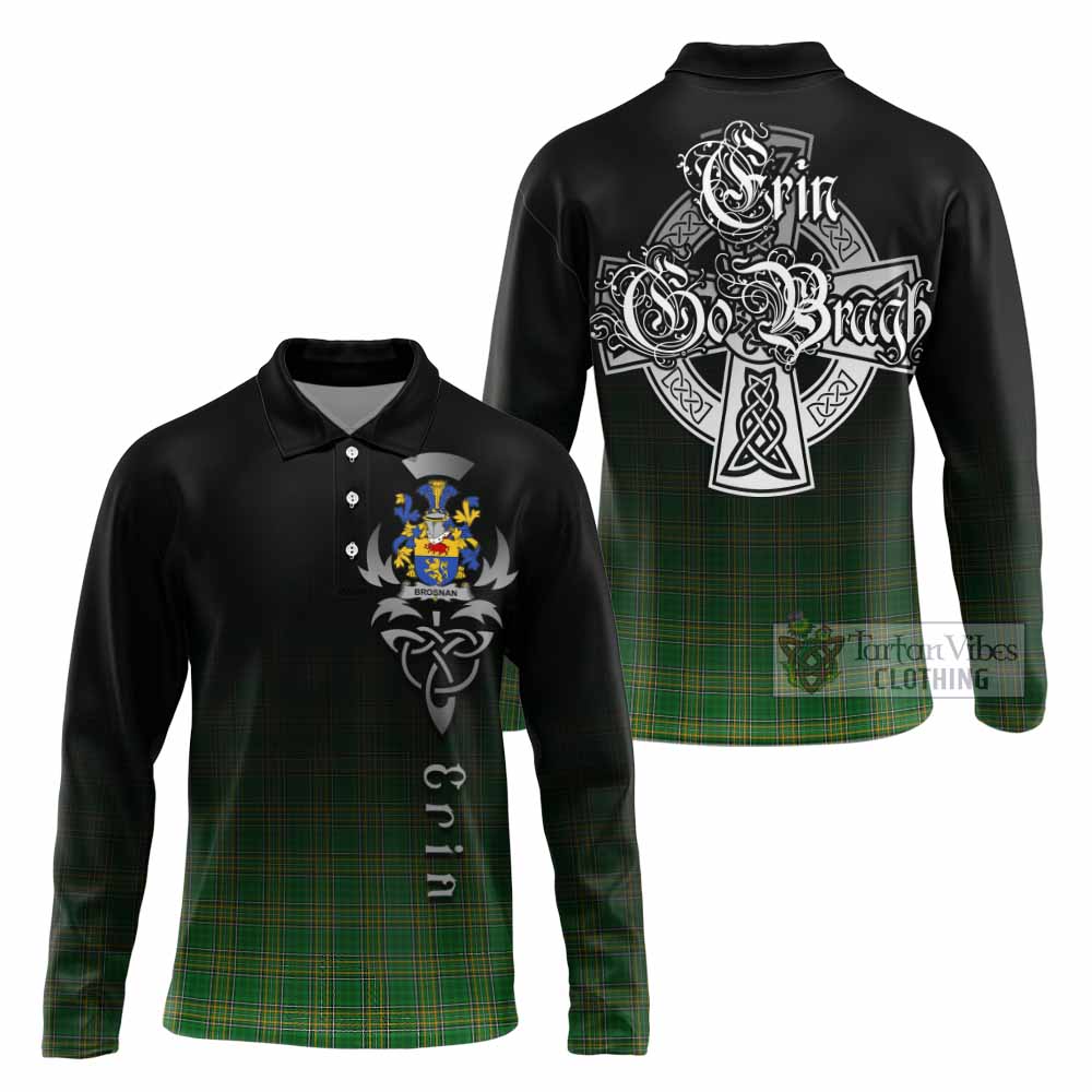 Tartan Vibes Clothing Brosnan Irish Clan Long Sleeve Polo Shirt with Coat of Arms Erin Go Bragh Celtic Inspired