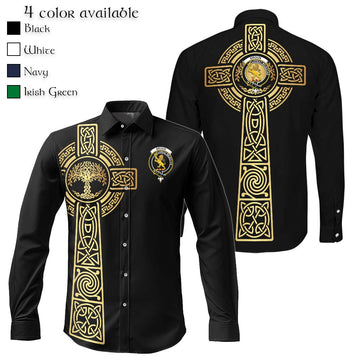 Broun Clan Mens Long Sleeve Button Up Shirt with Golden Celtic Tree Of Life