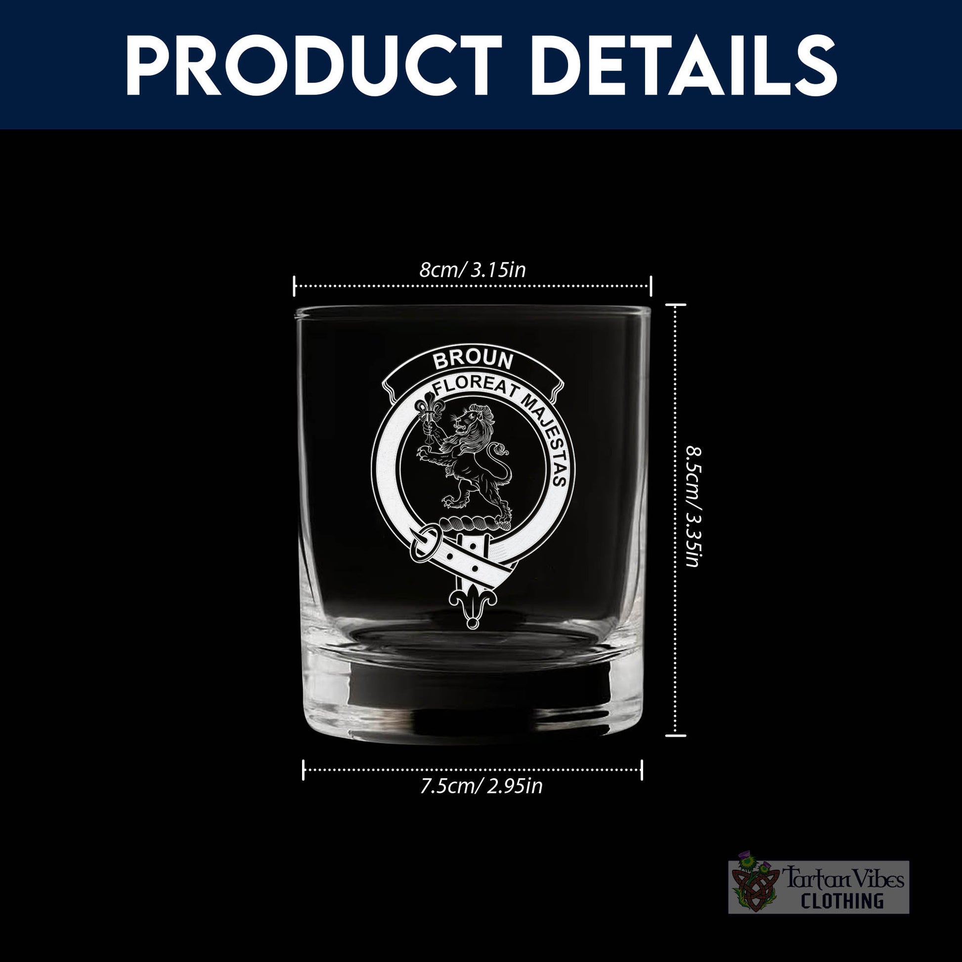 Tartan Vibes Clothing Broun Family Crest Engraved Whiskey Glass with Handle