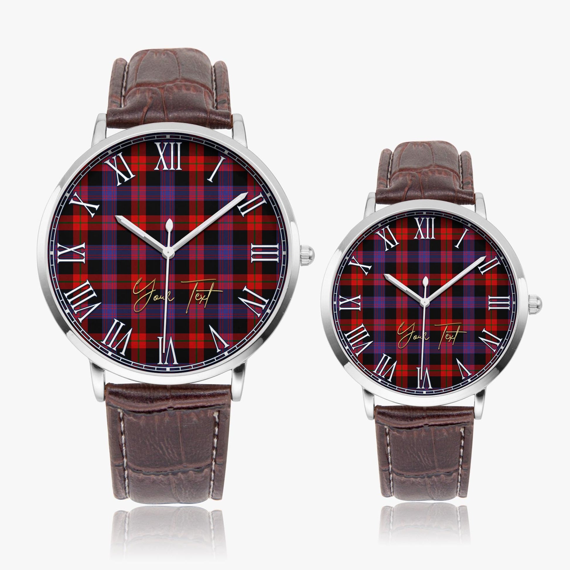 Broun Modern Tartan Personalized Your Text Leather Trap Quartz Watch Ultra Thin Silver Case With Brown Leather Strap - Tartanvibesclothing