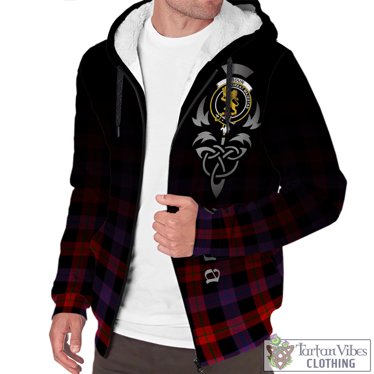 Tartan Vibes Clothing Broun Modern Tartan Sherpa Hoodie Featuring Alba Gu Brath Family Crest Celtic Inspired