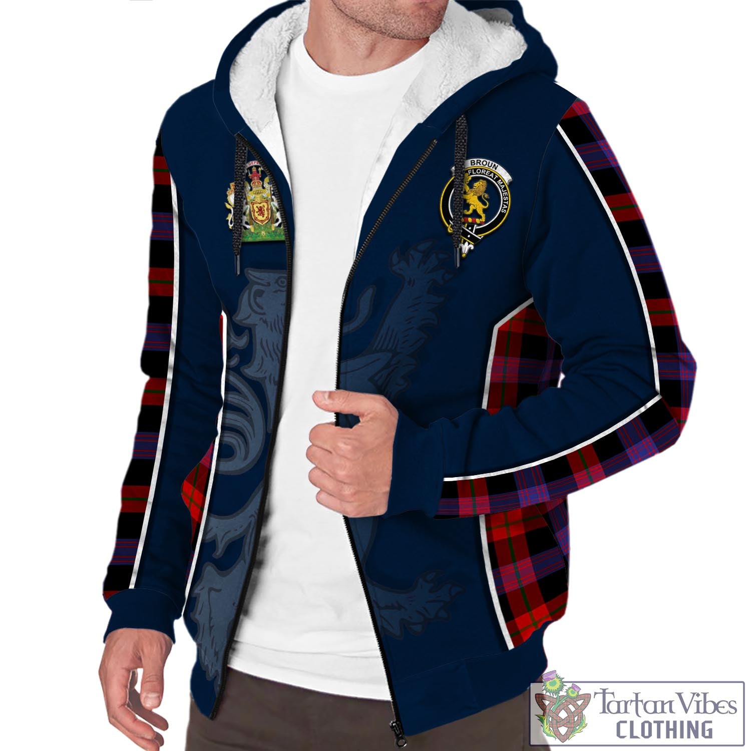 Tartan Vibes Clothing Broun Modern Tartan Sherpa Hoodie with Family Crest and Lion Rampant Vibes Sport Style