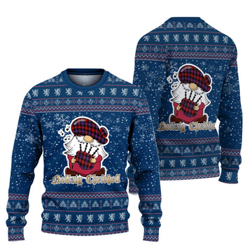 Broun Modern Clan Christmas Family Knitted Sweater with Funny Gnome Playing Bagpipes Unisex Blue - Tartanvibesclothing