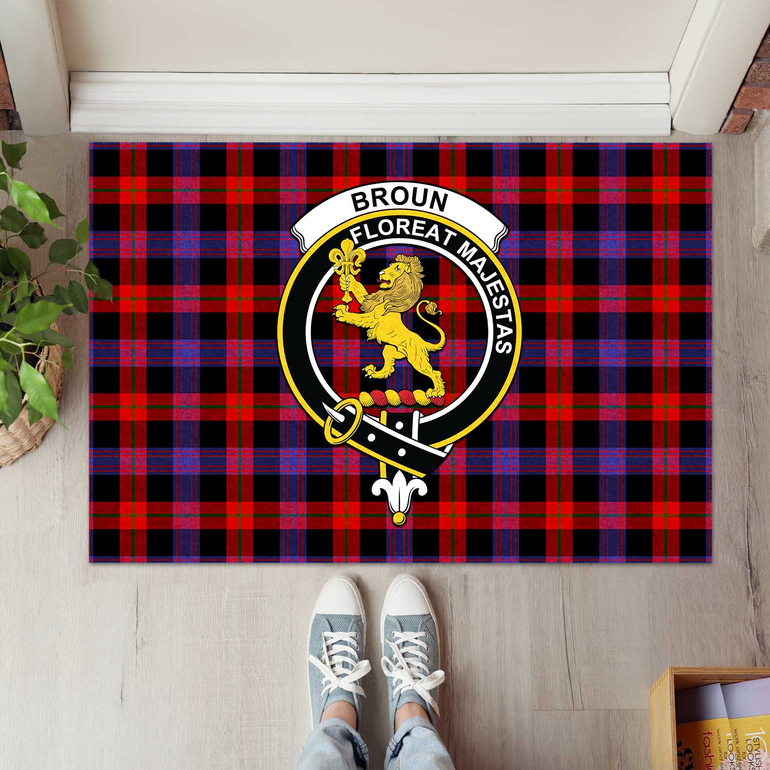 Broun Modern Tartan Door Mat with Family Crest - Tartanvibesclothing