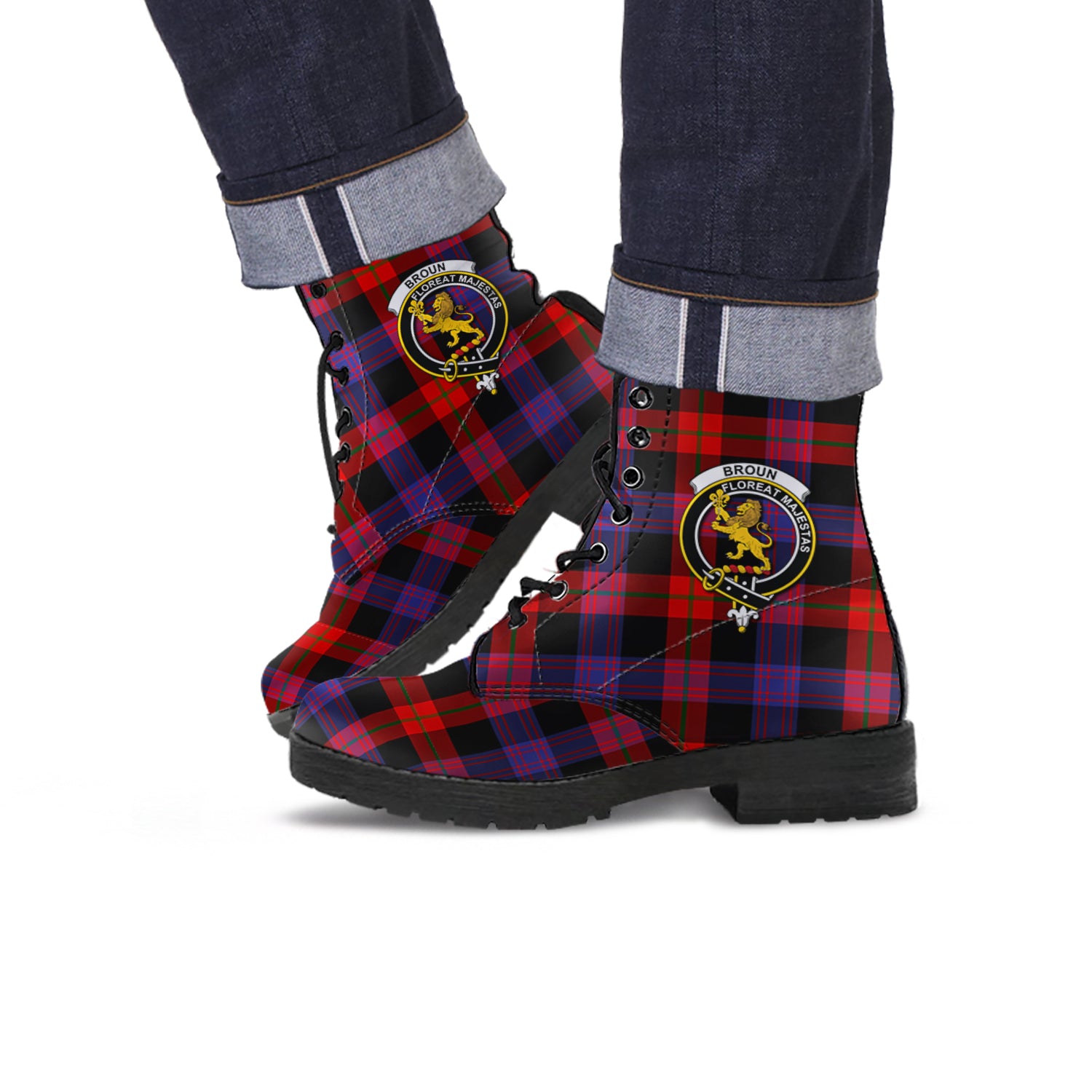 Broun Modern Tartan Leather Boots with Family Crest - Tartanvibesclothing