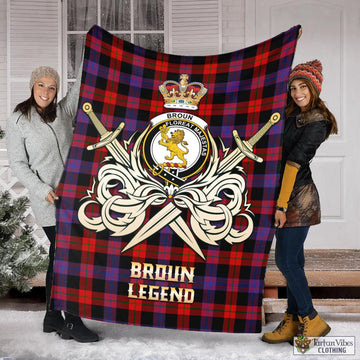 Broun Modern Tartan Blanket with Clan Crest and the Golden Sword of Courageous Legacy