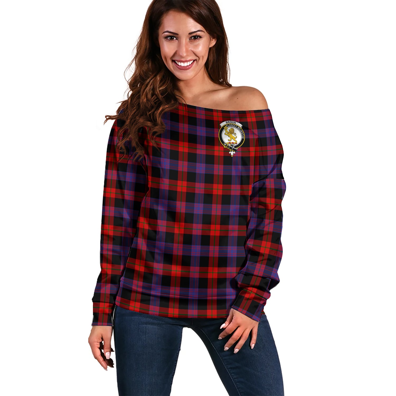 Broun Modern Tartan Off Shoulder Women Sweater with Family Crest Women - Tartanvibesclothing